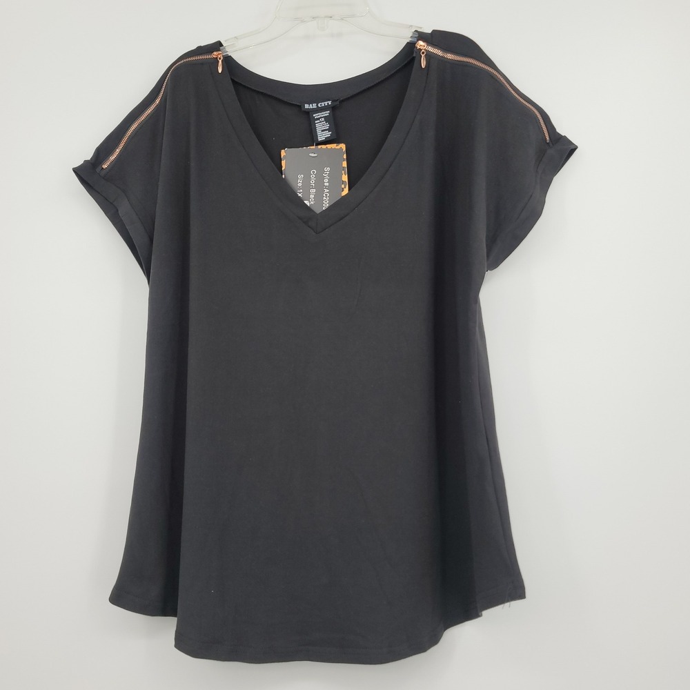 Bae City Women's Sz 1X Top Black Knit Zippered Shoulders‎ Y2K Goth Punk Grunge